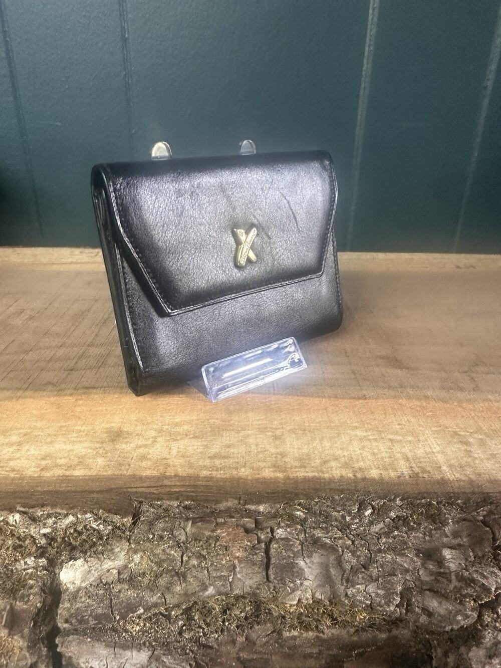 Paloma Picasso Black Leather Trifold Wallet Gold X Logo Vintage Zip Coin